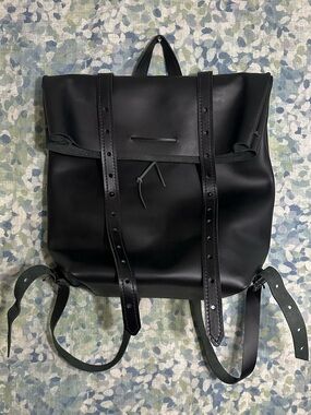 Mifland Black Leather Rolltop Backpack